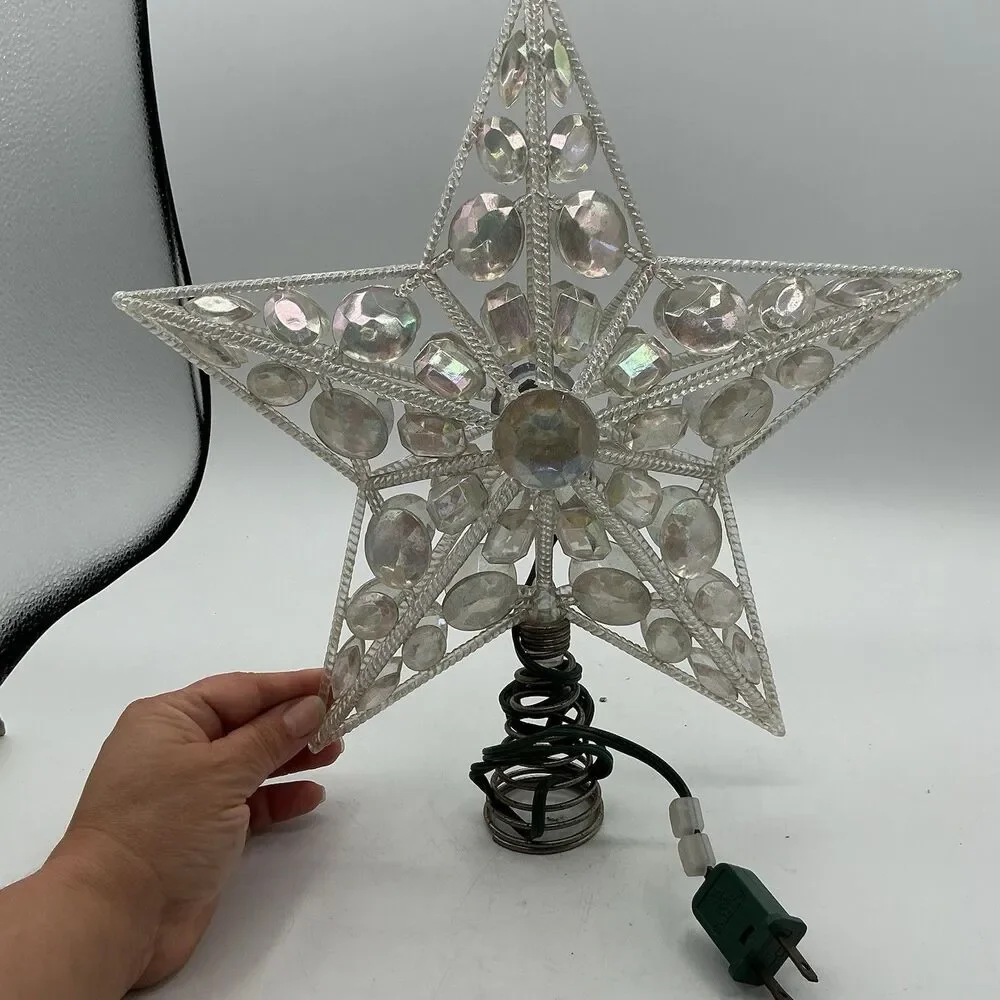 Vintage Christmas Tree Topper Star Lighted Clear Iridescent Acrylic Gem 9 Inch